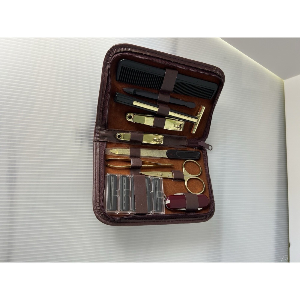Vintage Shaving Travel Leather Case‎ Kit 10pc